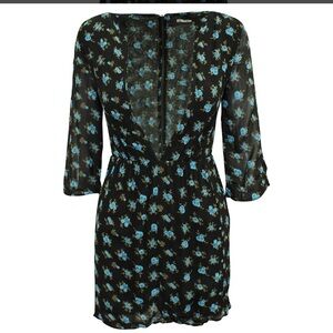 Reformation Black and Blue Floral Mesh Long Sleeve Dress M